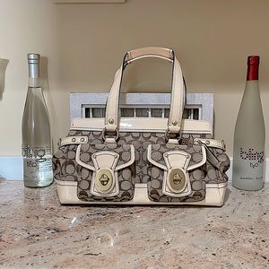 Coach Cream and Brown Legacy Signature Zip Satchel Shoulder Bag Medium